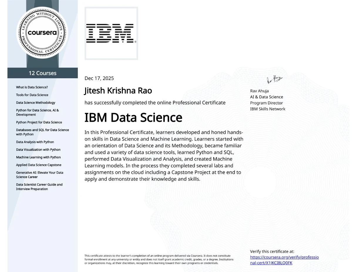 IBM Data Science Professional Certificate, December 2025