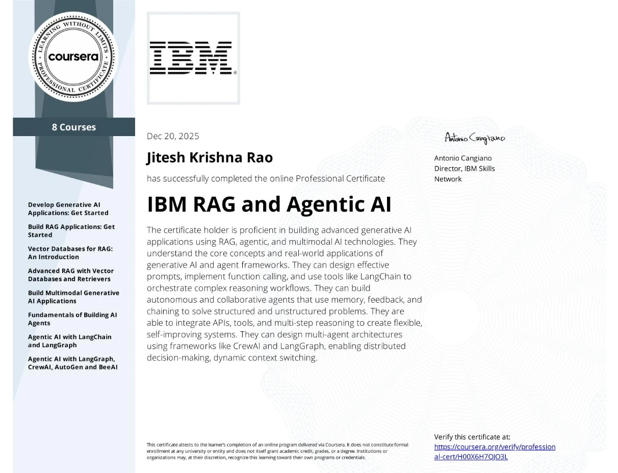 IBM RAG and Agentic AI Professional Certificate, December 2025