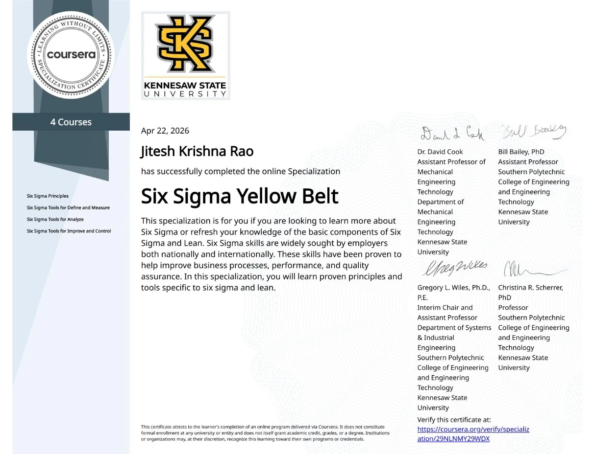 Six Sigma Yellow Belt certificate, Kennesaw State University, April 2026